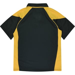 A polo shirt in dark green and yellow with a short-sleeved design. It features a collar and contrasting colours.