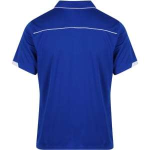 A blue polo shirt featuring a white trim, with a collar and short sleeves. The back view displays a simple design.