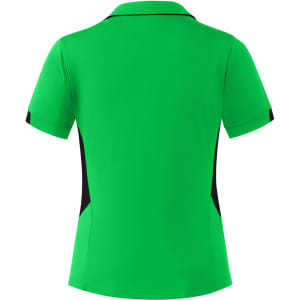 A bright green polo shirt with black side accents, featuring a collar and short sleeves. It has a logo on the chest.