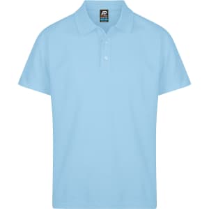A light blue polo shirt with a collar and three buttons, featuring a logo on the label.