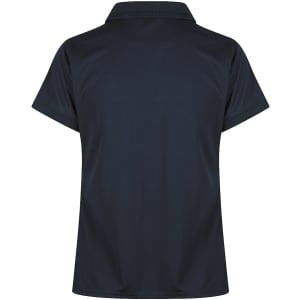 A dark navy polo shirt with a classic collar and short sleeves, featuring a logo on the side.