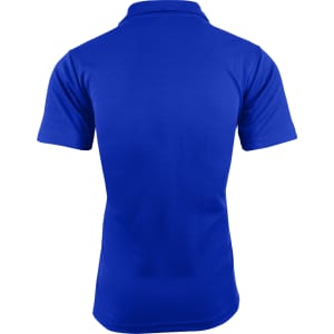 A blue polo shirt featuring a collar and short sleeves, with a simple design on the back.