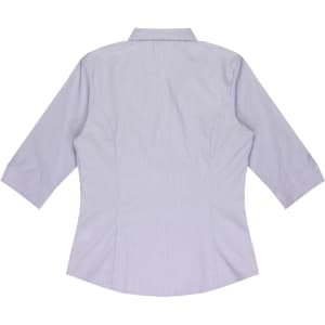 A lilac button-up shirt with 3/4 sleeves, featuring a fitted design and a logo.