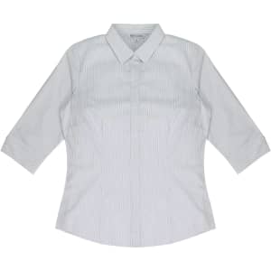 A light green and white striped button-up shirt with 3/4 sleeves and a collar. It features a logo on the design.