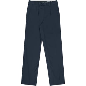Navy pleated men's pants with a structured design and a waistband featuring a logo.