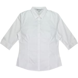 A white button-up shirt with 3/4 sleeves and a fitted design, featuring a collar and a logo.