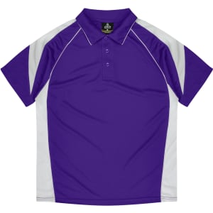 A purple polo shirt featuring white accents and a logo on the collar.