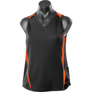 A black singlet with orange accents, featuring a v-neckline and a logo on the side. Suitable for active wear.