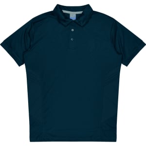 A dark navy polo shirt with a collar and three-button placket, featuring subtle panel details on the sides.