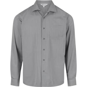 A long sleeve, button-up shirt in a light grey colour with a chest pocket. Features branding.