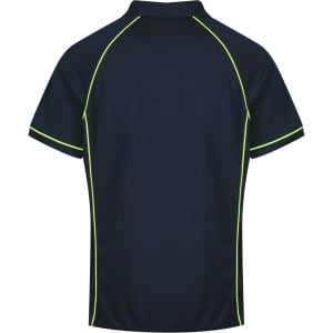 A navy polo shirt featuring bright yellow trim and a logo. The collar and sleeves are also styled with contrasting details.