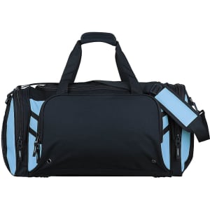 A black duffle bag with light blue accents and a shoulder strap, featuring multiple compartments and a logo.