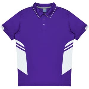 A purple polo shirt with white side panels and a collar, featuring a logo on the chest.