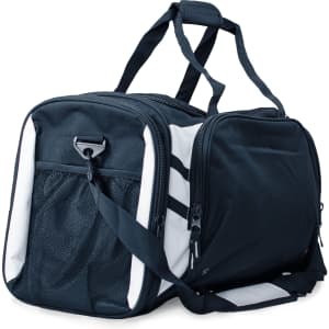 A navy blue duffle bag with white accents, featuring dual handles and a shoulder strap. It includes zippered compartments.