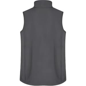 A grey kids' vest with no sleeves, featuring a high collar and stitched detailing, and a logo on the back.