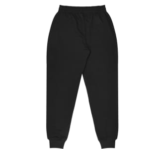 Black tapered fleece kids pants with an elastic waistband and cuffed hems. Features pockets and a brand logo.