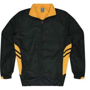 A dark green and yellow zip-up tracktop featuring two side stripes and a high collar. It has a logo on the chest.