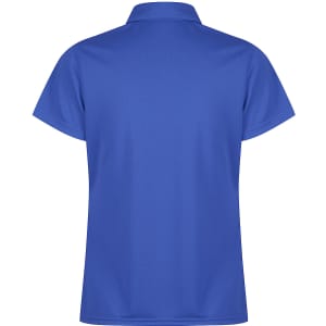 A blue polo shirt with short sleeves and a collar, featuring a small logo on the back.