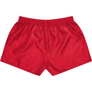 A pair of red rugby kids shorts with an elastic waistband and a smooth, shiny finish.