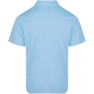 A light blue men's polo shirt featuring a classic design and a back view. Includes a branding logo.