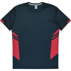 A navy and red children's T-shirt featuring short sleeves and a sleek design. The shirt has a logo.