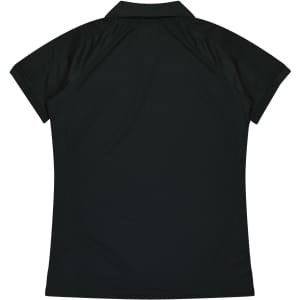 A black polo shirt featuring a classic collar and short sleeves, designed for women, with a logo on the back.