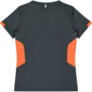 A dark teal women's T-shirt with orange accents on the sides and a simple design. It has a logo on the back.