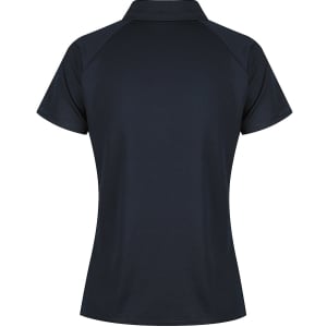 A dark navy polo shirt with a collared neckline and short sleeves, featuring a logo on the back.