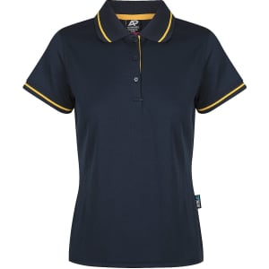 A dark navy polo shirt with yellow trim and a logo on the chest. Short sleeves and a classic collar design.