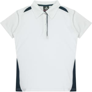 A white polo shirt with navy side panels and a collar, featuring a logo on the chest area.