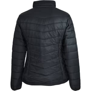 A black puffer jacket featuring a quilted design and a high collar, with no visible branding on the back.