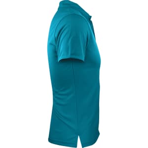 A teal men's polo shirt featuring a collar and short sleeves, with a logo on the chest.