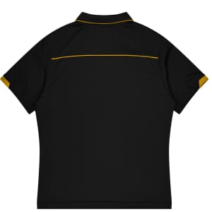 A black polo shirt featuring a yellow accent at the collar and sleeves, with a logo on the back.