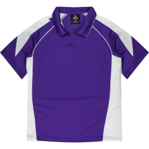A purple polo shirt with white accents and a collar, featuring a logo on the neckline.