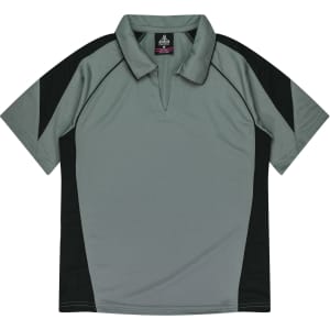 A grey and black polo shirt featuring a collar and short sleeves, with contrasting panels on the sides and shoulders.