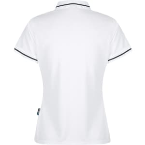 A white polo shirt featuring a classic design with contrasting trim and a logo.