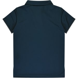 A navy blue polo shirt featuring a collar and short sleeves, with a logo on the back.