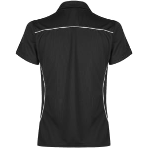 A black polo shirt featuring white accent piping and a collar. It has a logo on the garment.