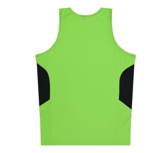 A bright green singlet with black side panels and a simple design. Features a logo on the upper back.