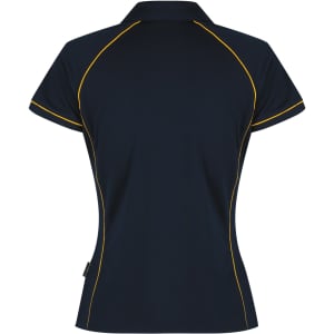 A navy polo shirt with yellow piping and a logo on the back. It features a classic collar and short sleeves.