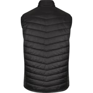 A black men's vest with a quilted design and no sleeves, featuring a logo on the back.