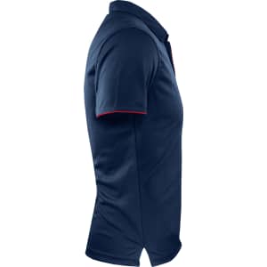 A navy polo shirt with red accents and a logo, displayed from the side.