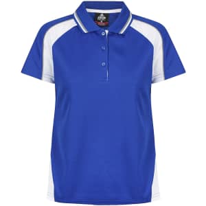 A blue women's polo shirt with white accents and a collar, featuring three buttons and a branded logo.