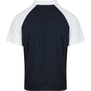 A navy polo shirt with white sleeves and a logo on the back.