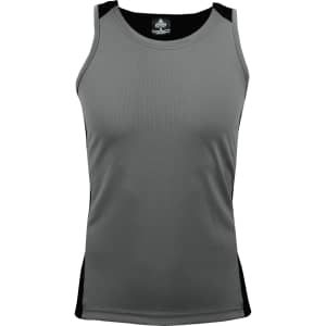 A grey singlet with black side panels, featuring a logo at the neckline.