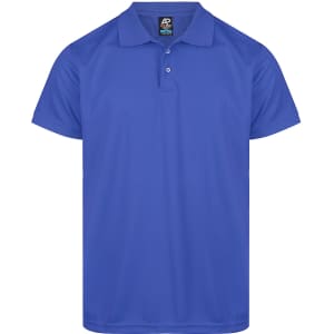 A blue polo shirt with a collar and three buttons, featuring a logo on the label.