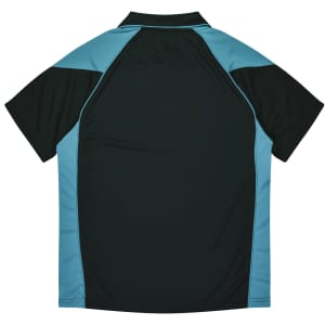 A polo shirt featuring a black body with teal accents and a logo.