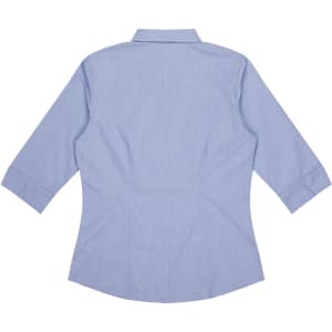 A light blue button-up shirt with 3/4 sleeves and a back view, featuring a collar and a logo.