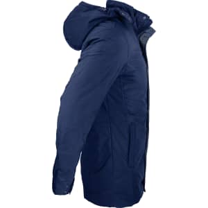 A navy blue men's jacket featuring a hood and side pockets, viewed from the side. It includes a logo.