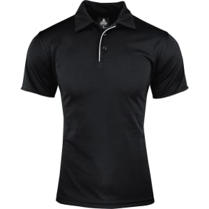 A black polo shirt with a white collar and trim, featuring a logo on the chest.